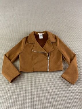 LOVE SQUARED GIRLS brown faux suede cropped moto jacket zip front size 10